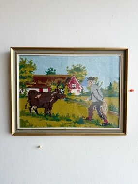 Vintage Framed Needlepoint Farm Scene in Gold Frame - Pastel Palette